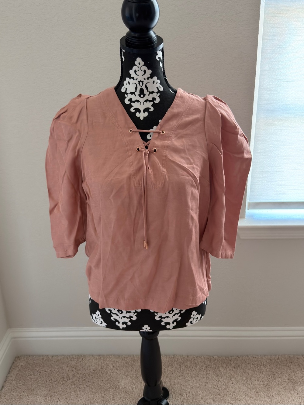 ba&sh Lace-Up V-Neck Blouse in Dusty Rose Pink